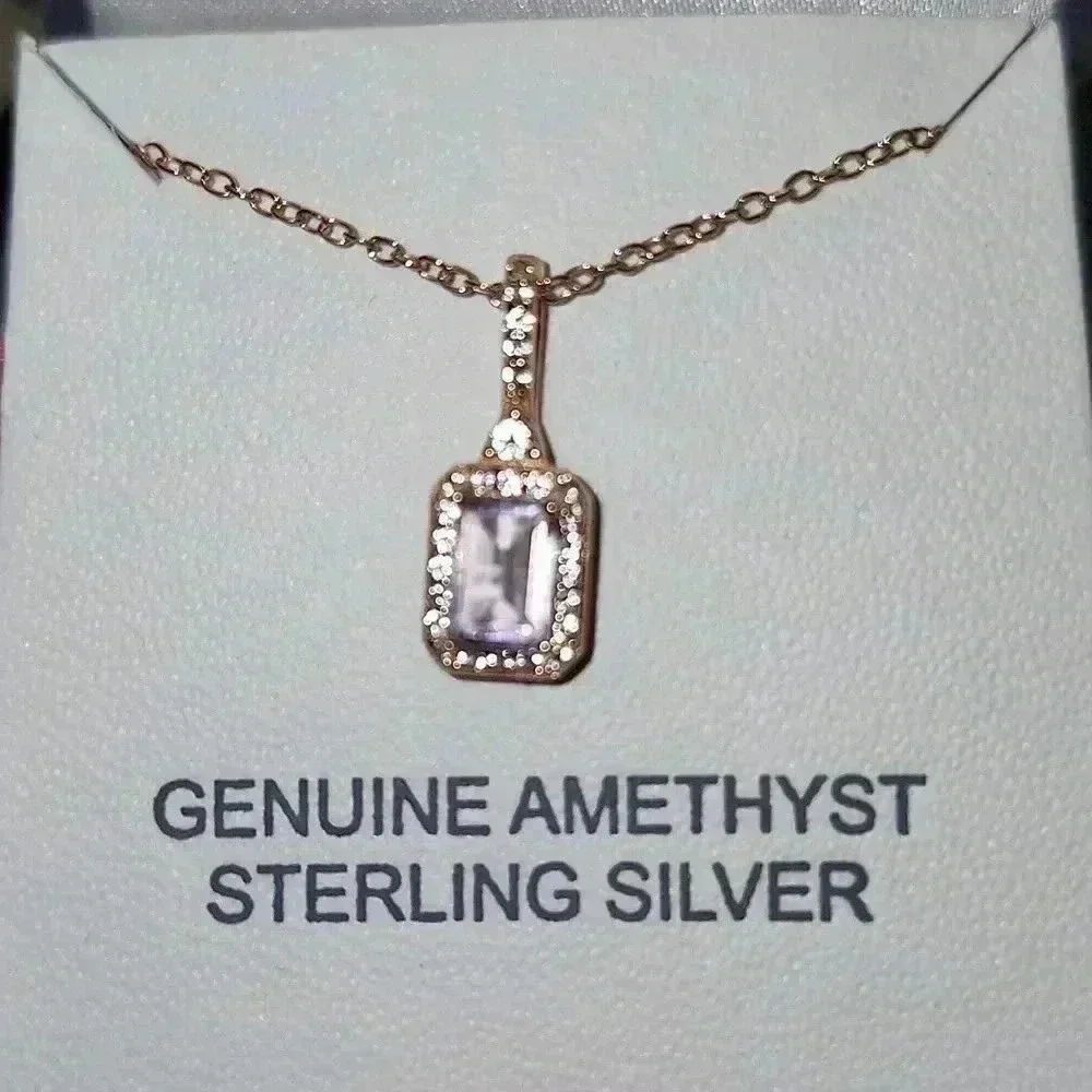 Genuine Amethyst Sterling silver Necklace 18" Chain - Picture 2 of 3